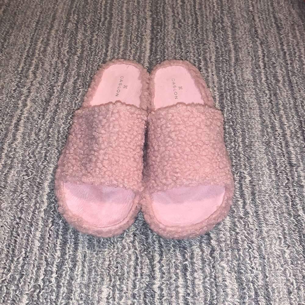 pink fuzzy slides